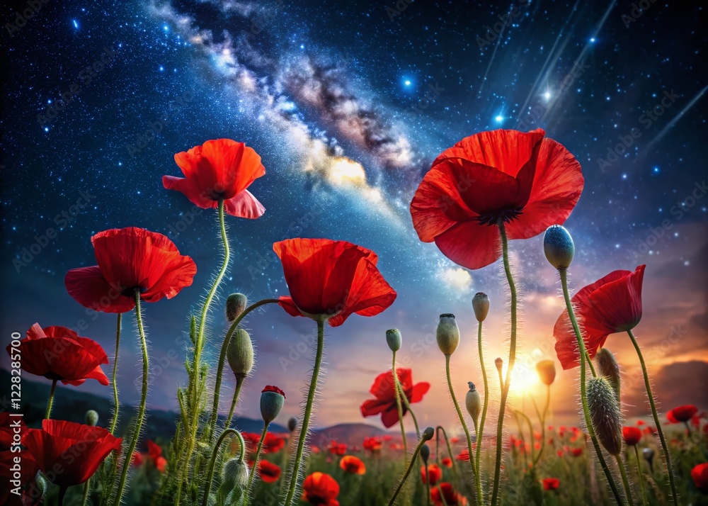 Fototapeta premium Night Bloom: Vibrant Wild Poppies in a Row Under Starry Sky