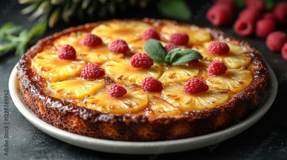 Pineapple raspberry tart, dark background, dessert, food photography Pineapple raspberry tart, dark background, dessert, food photography