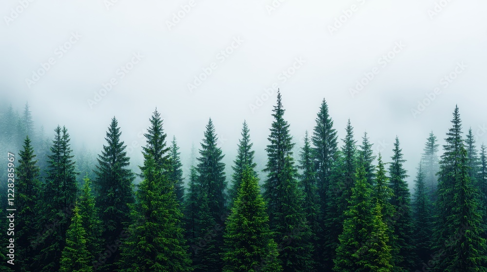 Misty Forest with Evergreen Trees in a Serene Landscape Setting Misty Forest with Evergreen Trees in a Serene Landscape Setting