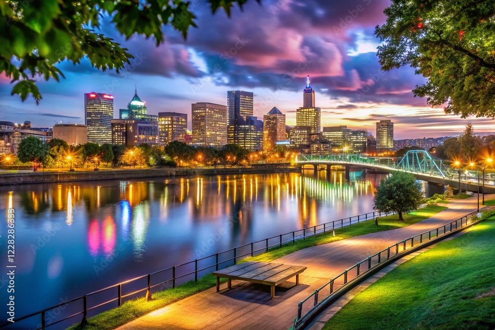 Fototapeta premium Night Lights illuminate Portland's Waterfront Park, Oregon Riverfront Scenery