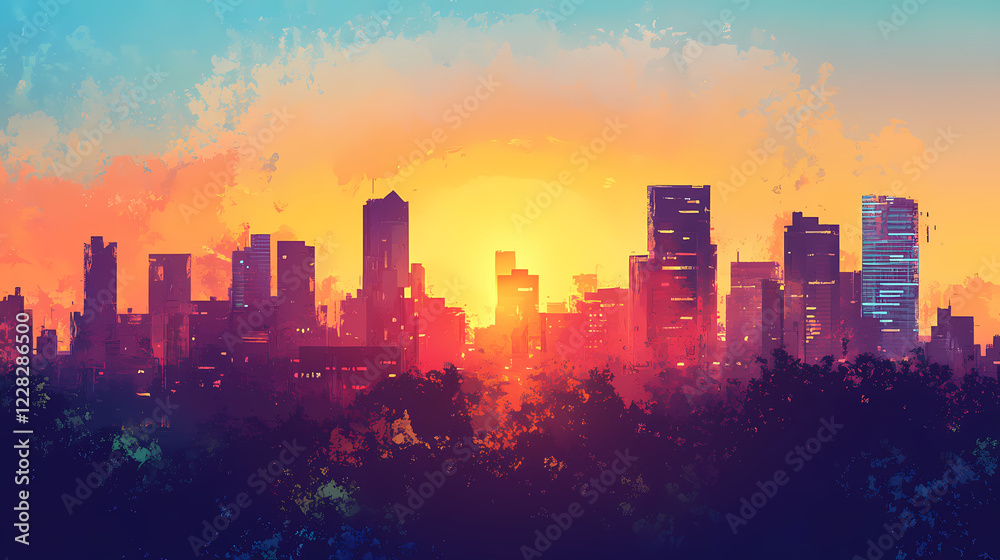 Fototapeta premium Vibrant urban skyline at sunset: panoramic view and textured silhouettes. Radiant Horizon. Illustration