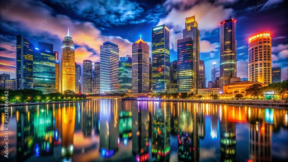 Fototapeta premium Night Photography: Modern City Architecture Skyline, Illuminated Buildings, Urban Landscape