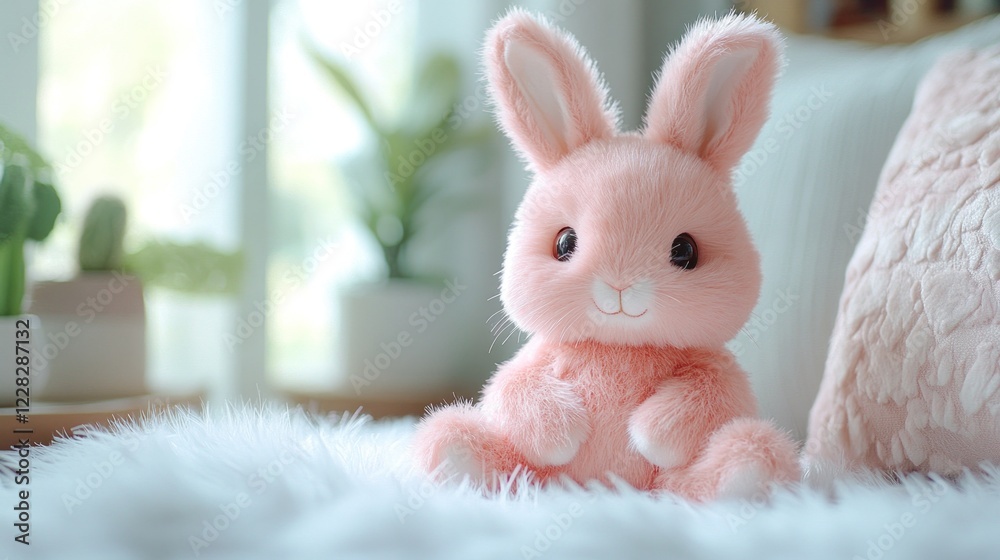 Obraz premium Pink bunny plush sits on bed, plants blur