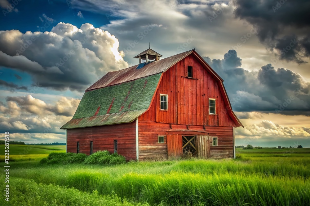 Nostalgic Red Barn: Weathered Roof, Grassy Field, Rural Charm, Agricultural Heritage Stock Photo Nostalgic Red Barn: Weathered Roof, Grassy Field, Rural Charm, Agricultural Heritage Stock Photo