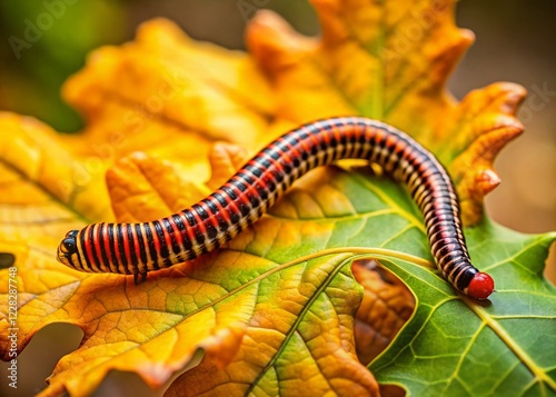 Oakworm Feeding on Oak Leaf - Close-up Stock Photo photo