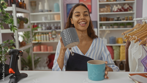 Woman smiling while holding mugs in a beautifully decorated home decor store interior, conveying a vibrant and welcoming atmosphere perfect for a shop or decoration-themed advertisement