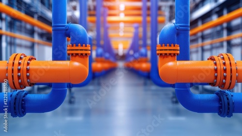 Industrial Pipes with Orange and Blue Coatings in a Warehouse Setting