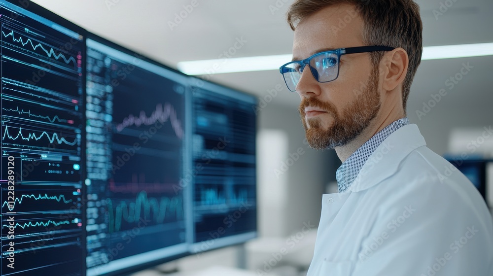 Professional Male Scientist Analyzing Data on Multiple Computer Screens Professional Male Scientist Analyzing Data on Multiple Computer Screens