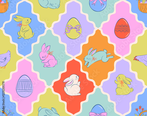 Easter seamless pattern design, Easter background hand drawn sweet illustrations of bunnies, eggs, bows, flowers and basket in dolce vita cute style, pastel colors illustrations