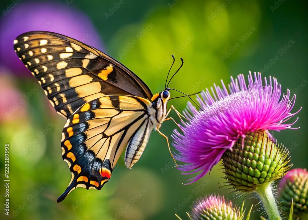 Palamedes Swallowtail Butterfly on Thistle, Right Facing, Rule of Thirds Composition Palamedes Swallowtail Butterfly on Thistle, Right Facing, Rule of Thirds Composition