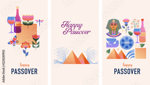 Happy Passover vertical backgrounds, cards, banner and poster design. Geometrical modern minimalist concept illustration