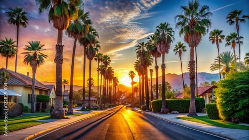 Palm Springs Sunrise: Colorful Street Scene, California Desert Landscape