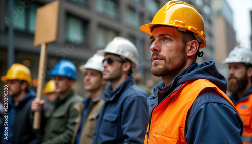 Construction workers stand in picket line outside building site. Wear hard hats, safety vests. Hold signs to express demands. Workers protest for better wages, conditions. Labor action taking place