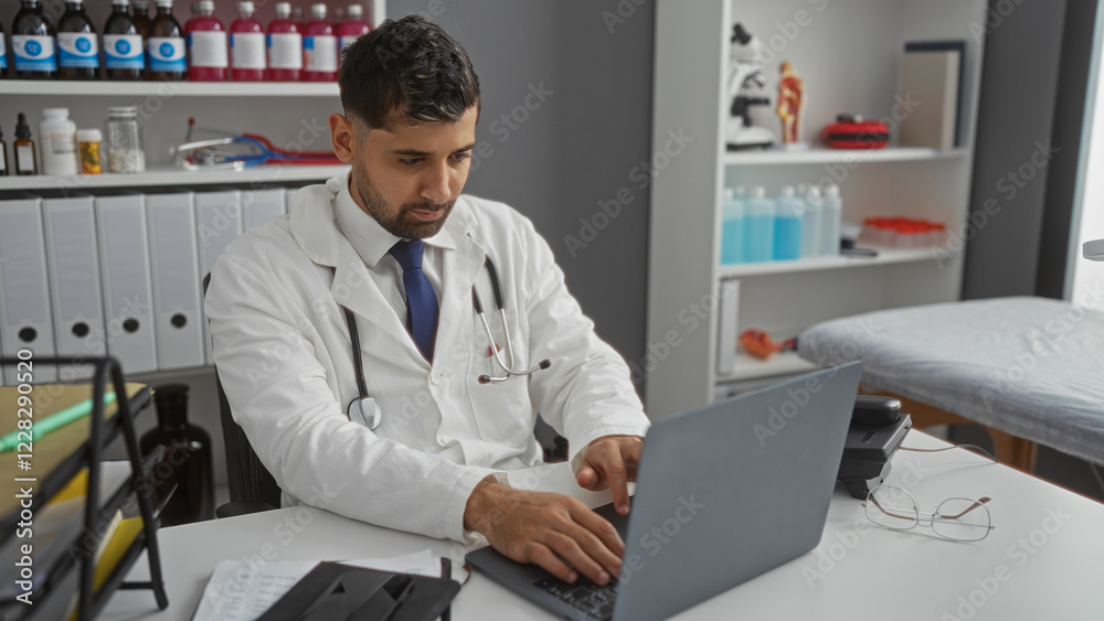 Man in clinic wearing white coat working on laptop surrounded by medical equipment and files, focused on professional task, bright and organized indoor setting. Man in clinic wearing white coat working on laptop surrounded by medical equipment and files, focused on professional task, bright and organized indoor setting.
