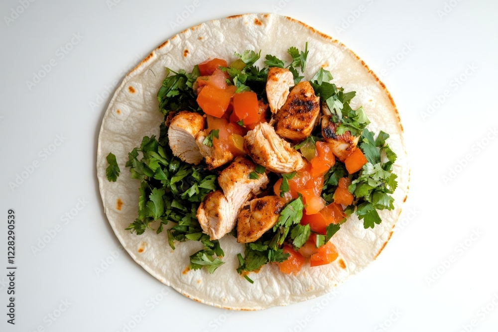 Grilled Chicken Wrap with Fresh Vegetables and Cilantro on Tortilla in Bright Lighting for Delicious Culinary Presentation Grilled Chicken Wrap with Fresh Vegetables and Cilantro on Tortilla in Bright Lighting for Delicious Culinary Presentation