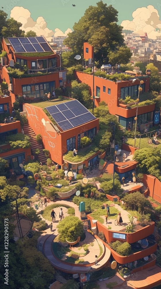 Fototapeta premium Eco-friendly hillside homes with solar panels, gardens, and walkways.
