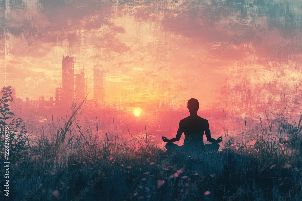 Silhouette of a person meditating during sunset in a field with a ruined city in the background. Silhouette of a person meditating during sunset in a field with a ruined city in the background.