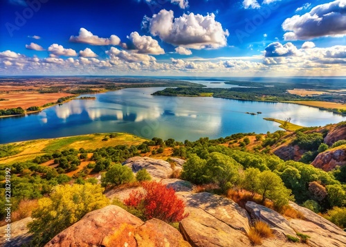 Panoramic Aerial View: Medicine Park & Lake Lawtonka from Mt. Scott, Oklahoma photo