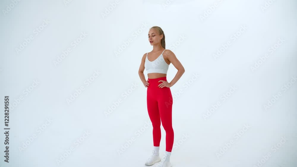 Caucasian woman resting after sports exercises on white background. Caucasian woman resting after sports exercises on white background.