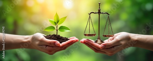 Hands hold small plant, scales of justice. Eco friendly image. Concept of balancing nature, law. Photo conveys sustainability, harmony. Shows environmental ethic, fairness. Supports justness,