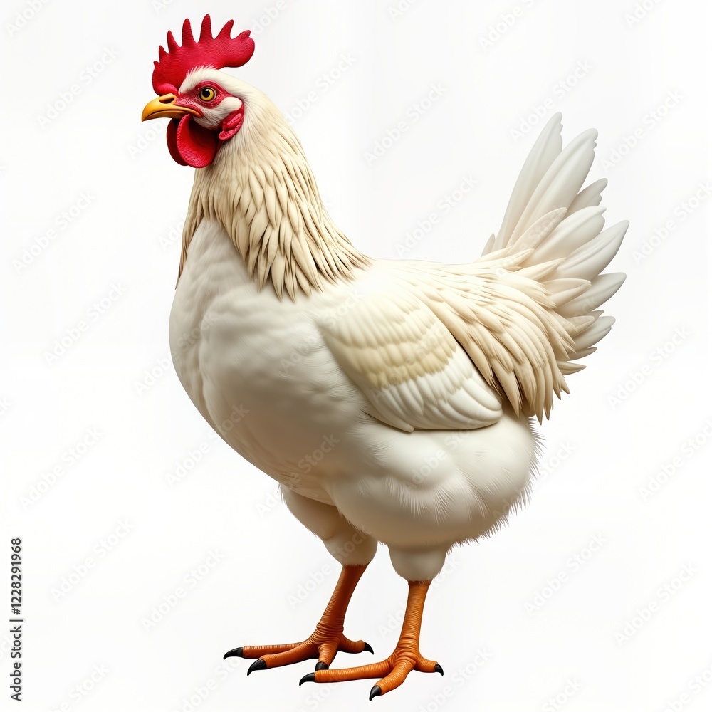 Fototapeta premium White hen stands on transparent background. Hen looks straight ahead. Hen fluffy feathers. Studio shot of farm animal. Close-up view of poultry. Domestic hen in portrait style. Healthy, lively young