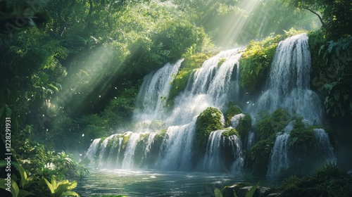 Lush jungle waterfall, sun rays, serene pool, tranquility, nature background