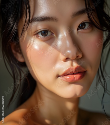 Closeup portrait of beautiful Asian woman with dewy wet skin. Radiant skin glows under natural light. Woman looks serene, relaxed. Possible spa treatment shower. Image suitable for skincare, beauty, photo