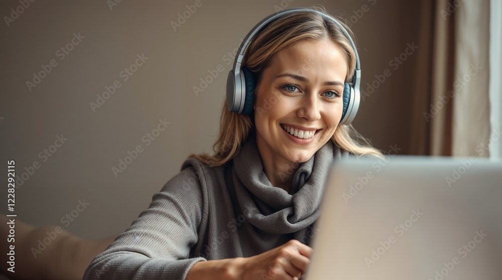 Smiling woman wear headphones talk video calling, communicating with clients, using laptop, watching webinar or video stream conference, remote work from home. Distance education Smiling woman wear headphones talk video calling, communicating with clients, using laptop, watching webinar or video stream conference, remote work from home. Distance education