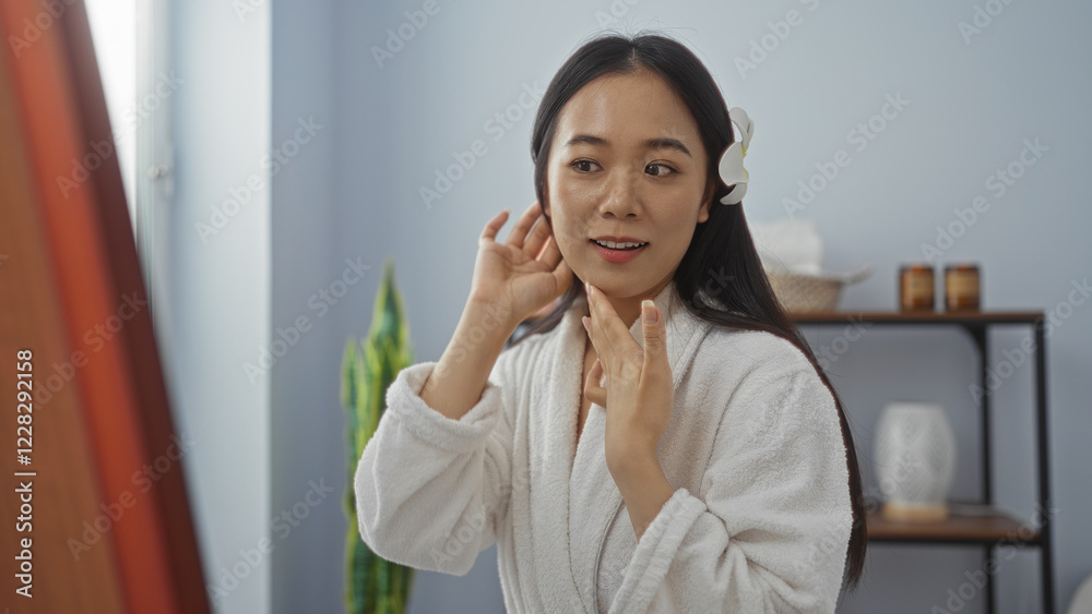 Young chinese woman adjusting her hair while standing in a relaxing spa room, showcasing the calm indoor ambiance of a beauty salon. Young chinese woman adjusting her hair while standing in a relaxing spa room, showcasing the calm indoor ambiance of a beauty salon.