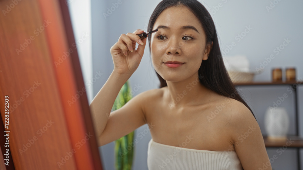 Woman applying makeup at spa or beauty salon, showcasing relaxation and wellness in an indoor setting, with a focus on personal care and grooming, creating an attractive and serene atmosphere. Woman applying makeup at spa or beauty salon, showcasing relaxation and wellness in an indoor setting, with a focus on personal care and grooming, creating an attractive and serene atmosphere.
