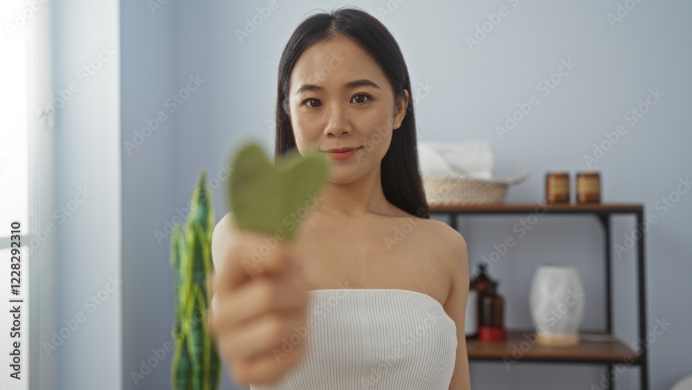 Beautiful young chinese woman holding a green leaf at a spa wellness center interior for beauty and relaxation Beautiful young chinese woman holding a green leaf at a spa wellness center interior for beauty and relaxation