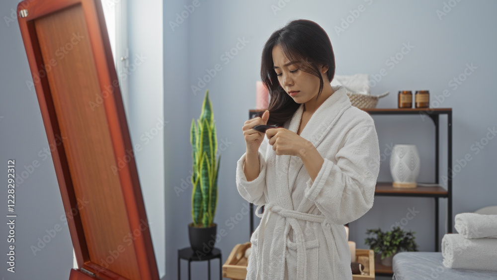 Young chinese woman in a spa wellness center wearing a white robe checking her hair in a luxurious indoors salon with modern decor.