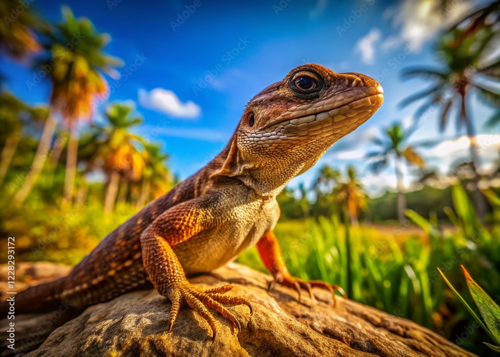 Fototapeta premium Panoramic Florida Brown Lizard Basking in Sunshine - Wildlife Photography