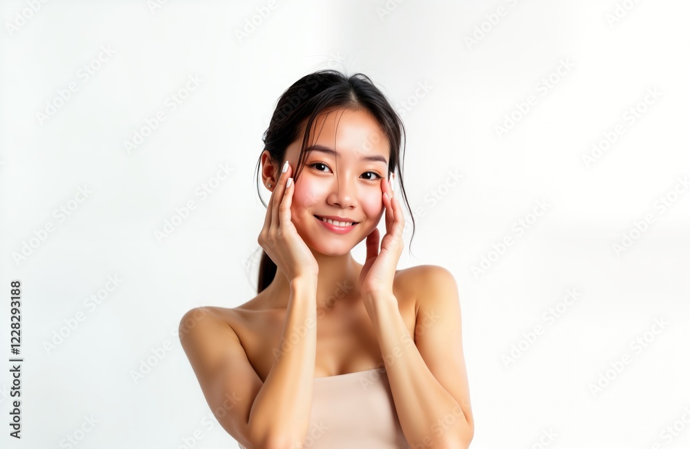 Asian woman with fresh skin smiles happily. Touches face gently. Studio photo on white background. Cosmetology concept for beauty, spa industry. Perfect skin, beauty treatment. Healthy, natural Asian woman with fresh skin smiles happily. Touches face gently. Studio photo on white background. Cosmetology concept for beauty, spa industry. Perfect skin, beauty treatment. Healthy, natural