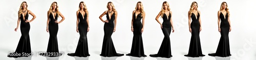 Gorgeous blonde women in elegant black evening gowns. Models pose gracefully in studio against white background. Luxury fashion showcased. High-end evening wear designs. Stylish, chic. Perfect for
