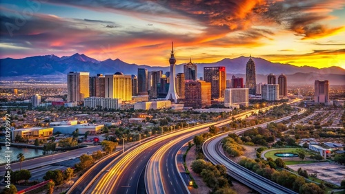 Panoramic Las Vegas Skyline at Dusk: Scenic Highway Approach, Nevada USA Travel