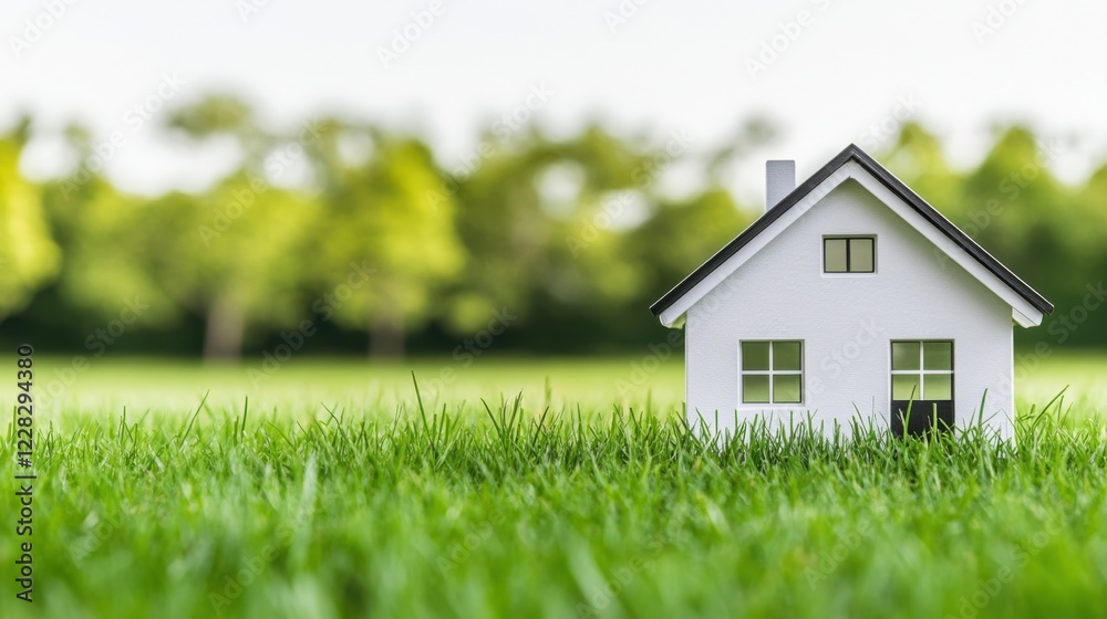 Small Model House on Green Grass with Blurred Trees in Background for Real Estate and Nature Themes Small Model House on Green Grass with Blurred Trees in Background for Real Estate and Nature Themes