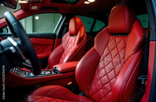 Red luxury car interior modern design, comfort. Leather seats, dashboard provide luxurious feel. Interior well-lit. Detailing, stitching apparent. Vehicle ready for travel business.