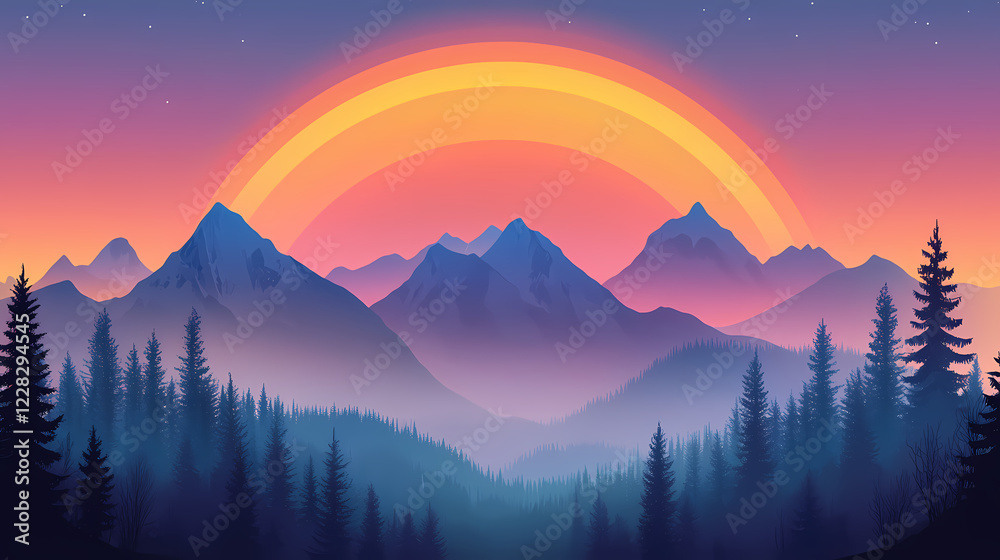 Fototapeta premium Rainbow arcs over majestic mountains at sunset. Rainbow Ridge. Illustration