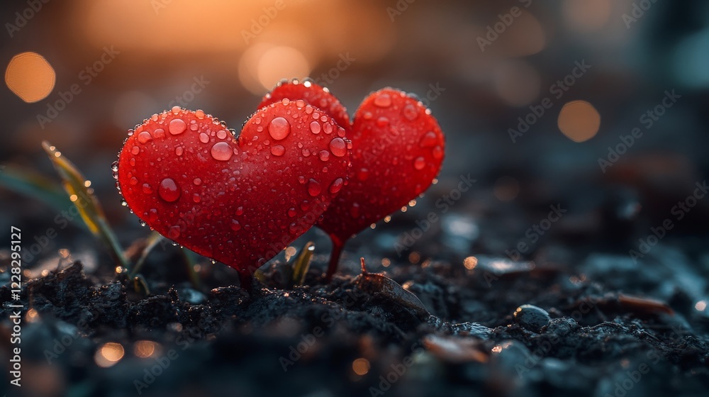 A heart of red flowers covered in dewdrops, symbolizing love and serenity. Ideal for Valentine's, nature, and art themes. A heart of red flowers covered in dewdrops, symbolizing love and serenity. Ideal for Valentine's, nature, and art themes.