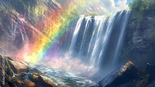 Water falling in sheets over a rocky ledge, catching sunlight and creating rainbows in the mist, waterfall with rainbow, nature s beauty and power. Rainbow Ridge. Illustration photo