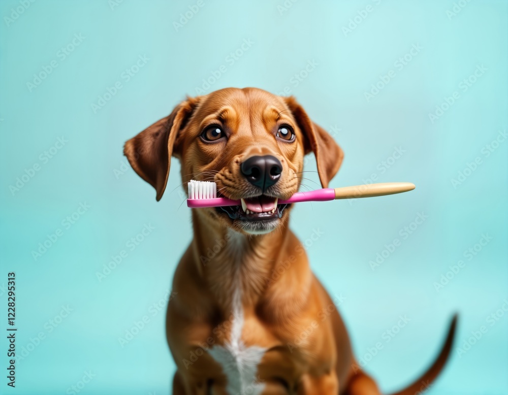 Cute brown puppy holding toothbrush in mouth. Indoor studio shot. Pet care concept. Adorable young dog. Focus on pet health, dental care. Image suitable for pet supply stores, veterinary clinics, Cute brown puppy holding toothbrush in mouth. Indoor studio shot. Pet care concept. Adorable young dog. Focus on pet health, dental care. Image suitable for pet supply stores, veterinary clinics,