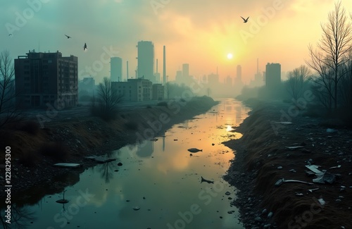 Polluted river flows through industrial landscape. Destroyed buildings, factories surround contaminated water. Waste, debris trash riverbanks, water. Desolate sunrise paints scene. Nature harmed by