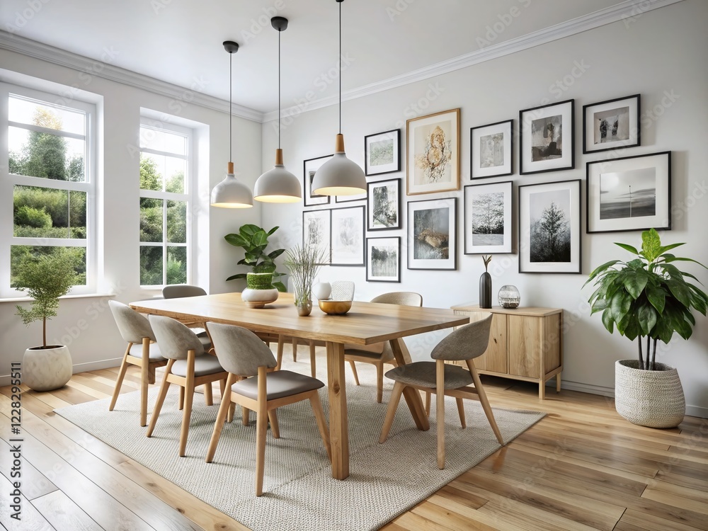 Panoramic Scandinavian Dining Room with Black & White Gallery Wall Photography Panoramic Scandinavian Dining Room with Black & White Gallery Wall Photography