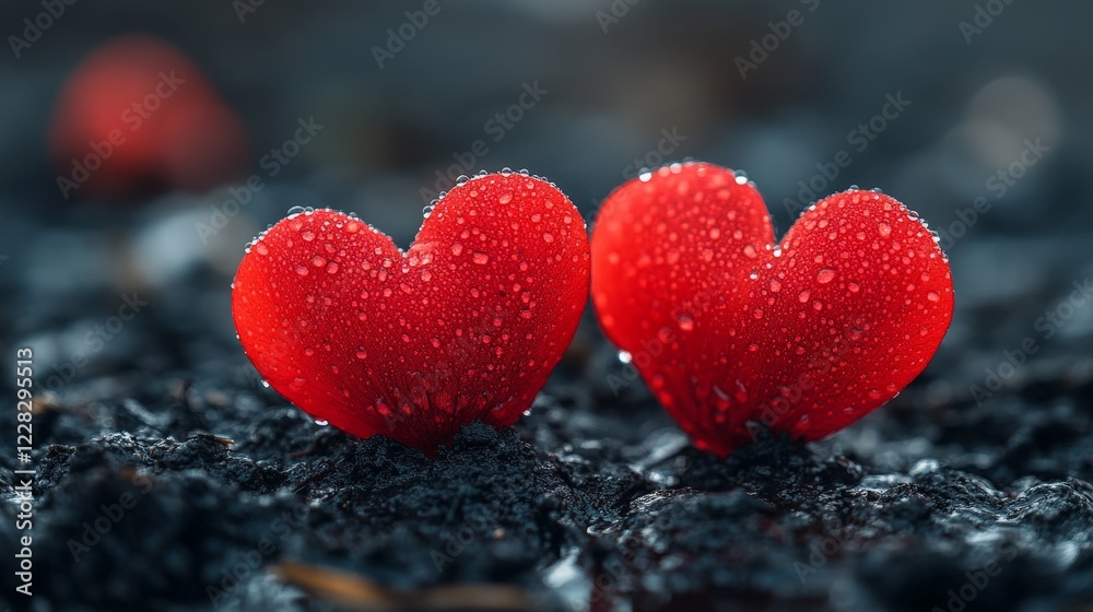 Fototapeta premium A heart of red flowers covered in dewdrops, symbolizing love and serenity. Ideal for Valentine's, nature, and art themes.