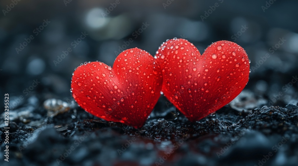 Obraz premium A heart of red flowers covered in dewdrops, symbolizing love and serenity. Ideal for Valentine's, nature, and art themes.