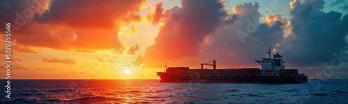 Large cargo ship sails on ocean at sunset. Dramatic sky with orange, red clouds. Calm sea. Global transport concept. Commercial vessel voyage. Beautiful seascape. Tranquil scene. Import export