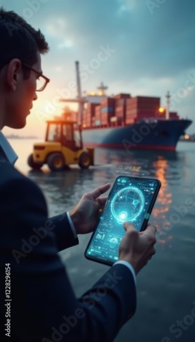 Businessman points at hologram on smartphone while cargo ship unloads containers from forklift, cargo handling, warehouse, logistics photo