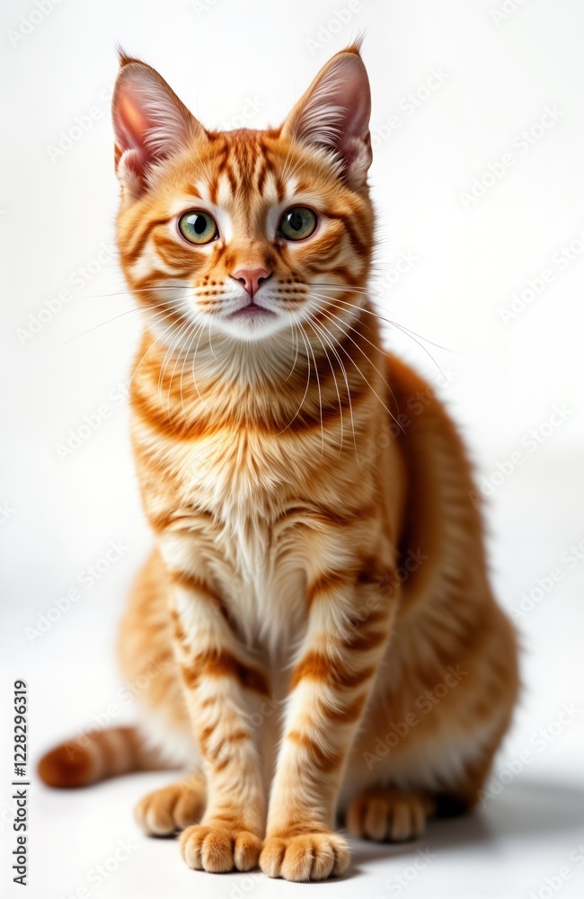 Obraz premium Adorable ginger cat sits on white background. Cute pet portrait. British orange cat looks directly at viewer. Fluffy fur. Isolated animal. Domestic cat. Purebred. Perfect for pet lovers animal