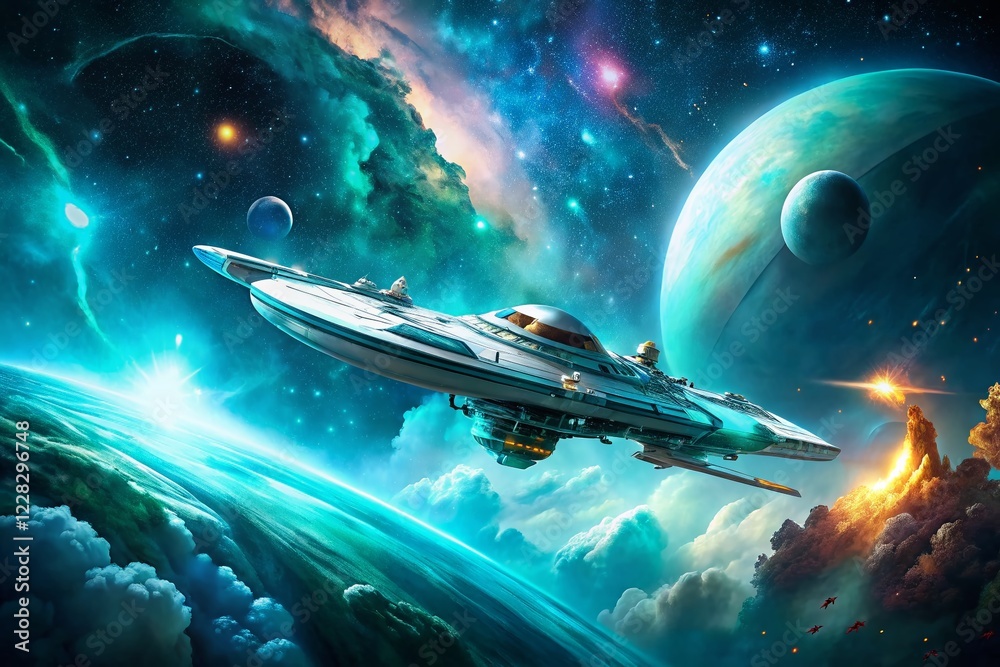 Obraz premium Panoramic Teal & White Warp Drive Starship Background - Futuristic Space Travel Scene